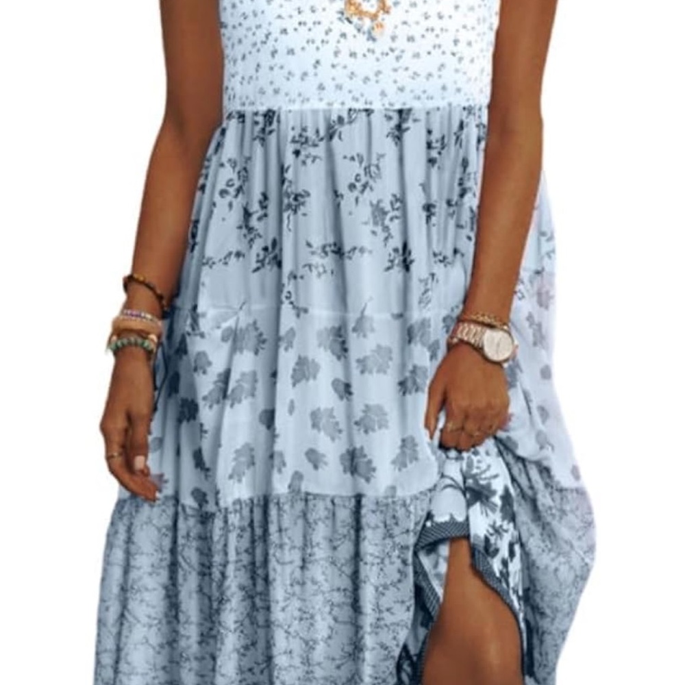 Elegant Blue and White Floral Maxi Dress